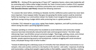 On Opening Day of 87th Texas Legislative Session, Texas Criminal Justice Coalition Urges Lawmakers to Prioritize Justice Reform