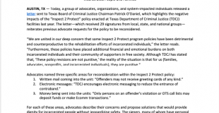 Letter to Texas Board of Criminal Justice Chairman: Inspect 2 Protect  “Creates a Barrier to Vital Support Networks”