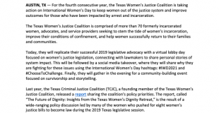 On International Women’s Day, Texas Women’s Justice Coalition Continues Fight for Better Outcomes for Women Impacted by the Justice System